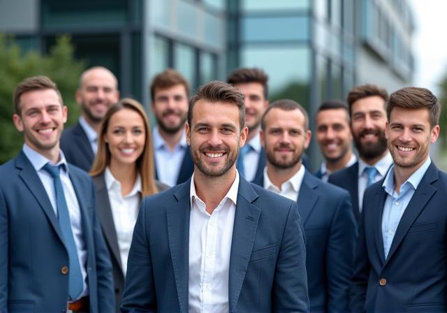 Gambar kumpulan pasukan syarikat yang ceria di hadapan pejabat mereka.